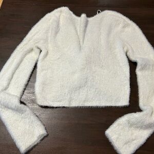 aerie Cream Fuzzy Cropped Crewneck Sweater